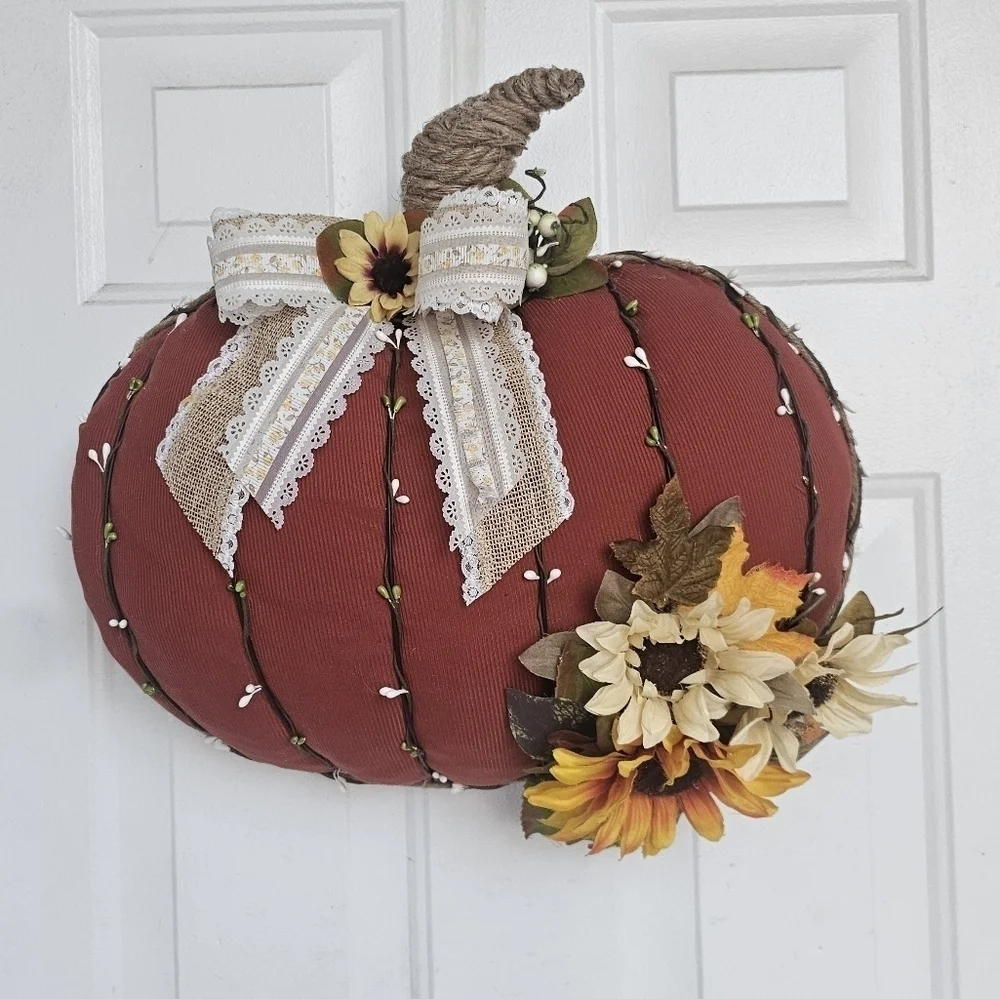 Handmade fall pumpkin wreath rusty orange with sunflowers in yellow and cream